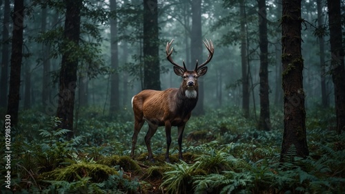 Majestic stag standing in misty forest, mystical wildlife scene