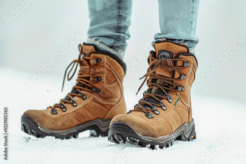 Woman with hiking boots, white background, trail shoes