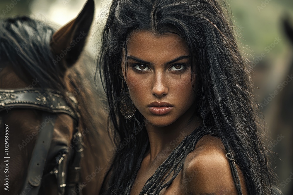 Beautiful amazon warrior woman posing with horse outdoors Beautiful amazon warrior woman posing with horse outdoors