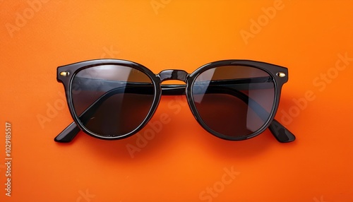 Sleek Black Wayfarer Sunglasses with Dark Lenses on Vibrant Orange Background. Ideal for Summer, Travel, and Fashion Concepts photo
