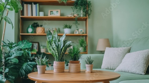 Simple yet stylish living room with a wooden table, elegant sofa, green plants in decorative pots, and a minimalist bookshelf.