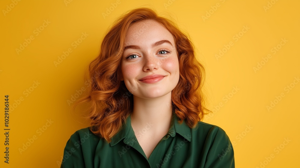A young woman with curly red hair smiles warmly against a bright yellow backdrop, showcasing natural beauty and cheerful confidence A young woman with curly red hair smiles warmly against a bright yellow backdrop, showcasing natural beauty and cheerful confidence