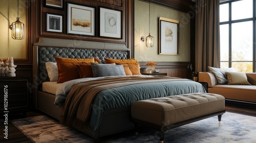 Stylish and cozy bedroom with a king-sized bed, wall-mounted frames, and a sleek modern sofa for a restful atmosphere.