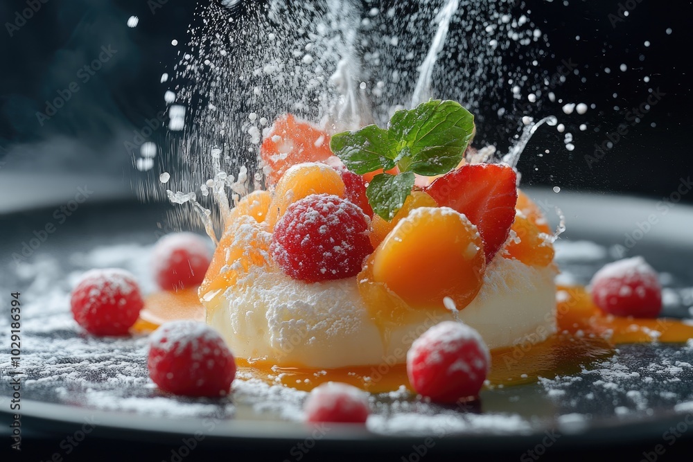 Delicious dessert with fresh fruit being sprinkled with powdered sugar Delicious dessert with fresh fruit being sprinkled with powdered sugar