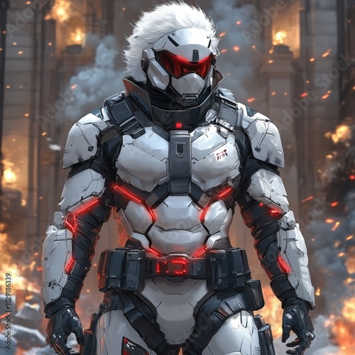 Futuristic soldier in advanced armor stands defiantly amidst a war-torn urban landscape