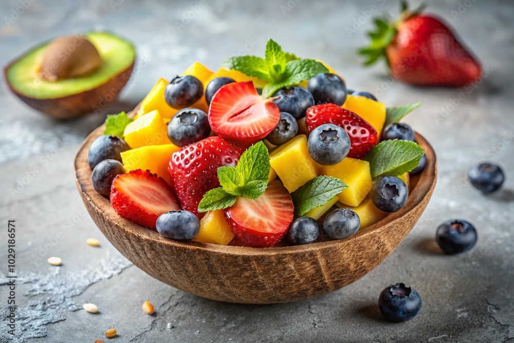 Aerial View of Fresh Fruit Salad in Coconut Shell on Metal Tray Aerial View of Fresh Fruit Salad in Coconut Shell on Metal Tray