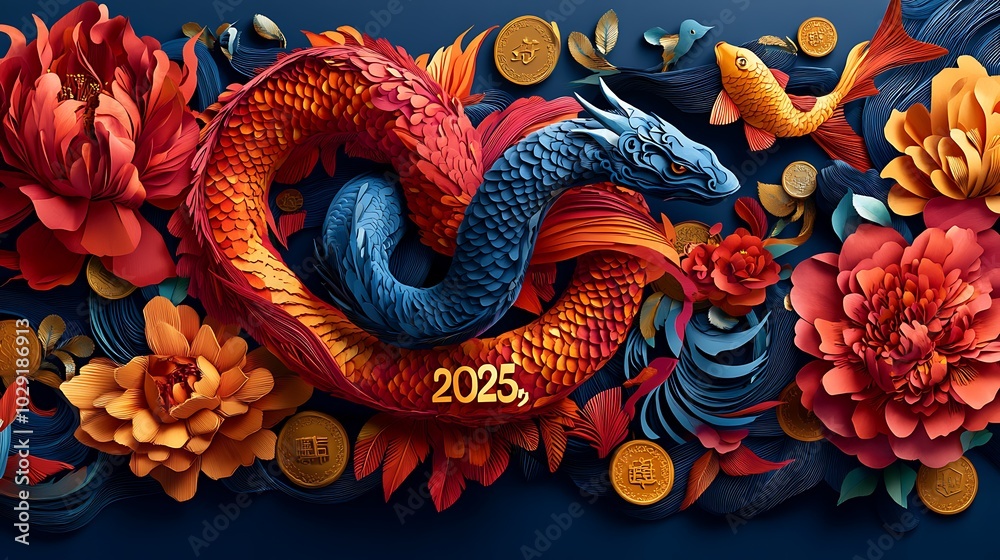 A vibrant paper-cut snake intertwined with A vibrant paper-cut snake intertwined with