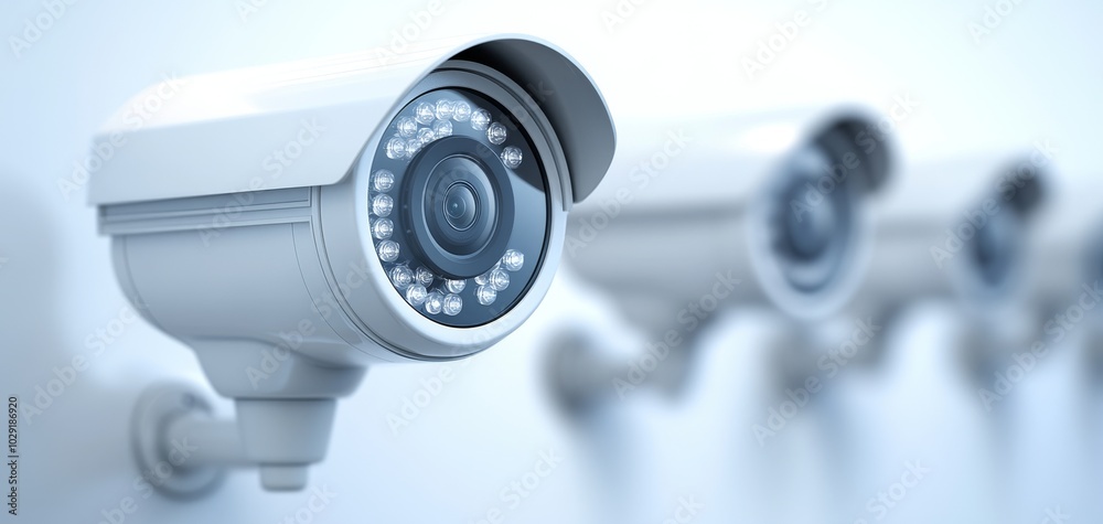 A close-up of white security cameras mounted on a light-colored wall, highlighting their design and features for surveillance purposes. A close-up of white security cameras mounted on a light-colored wall, highlighting their design and features for surveillance purposes.
