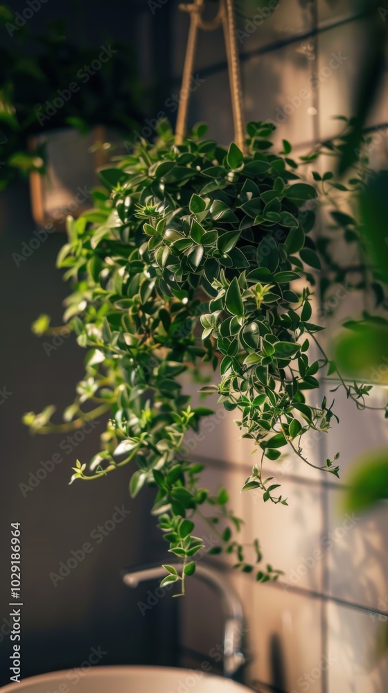 Hanging plant in the bathroom, 4K hyperrealistic photo