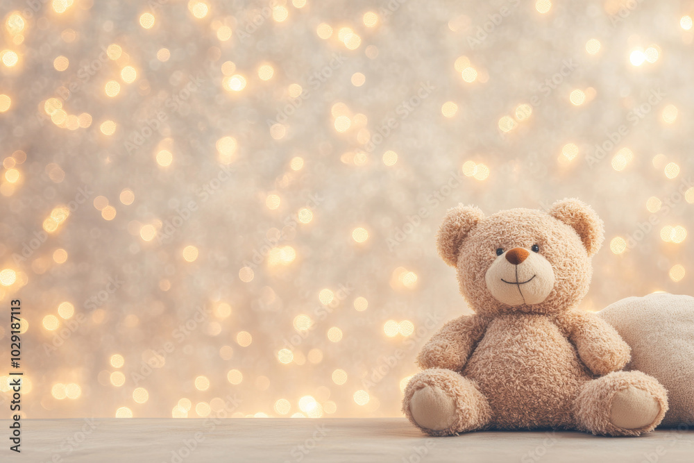  A soft teddy bear sits on a surface with warm, festive lights in the background, creating a cozy and nostalgic atmosphere. Perfect for holiday, childhood, or sentimental themes.