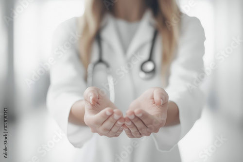 A healthcare professional extends their hands in a gesture of care, representing compassion, trust, and support in a medical setting. Ideal for healthcare, wellness, and empathy themes.