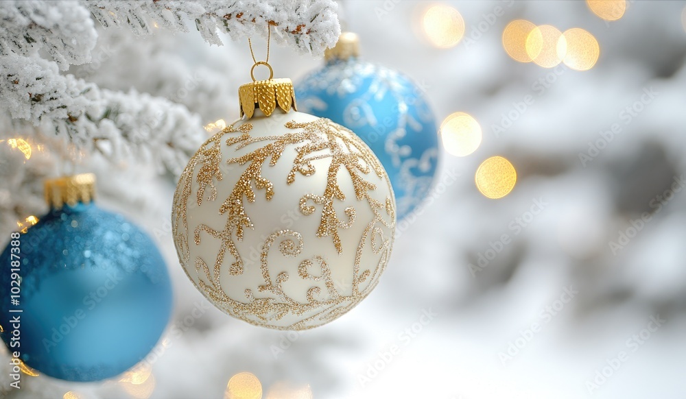 Christmas ornaments hanging from a snow covered christmas tree Christmas ornaments hanging from a snow covered christmas tree