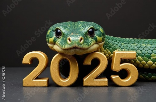 Green wooden snake, oriental symbol of the year, rests its head on the numbers 2025 on black background, Chinese New Year concept. photo