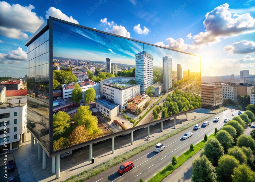 Naklejka premium Striking 3D rendering of a large advertising wall board mockup, expertly captured by drone photography, ideal for enhancing marketing and advertising