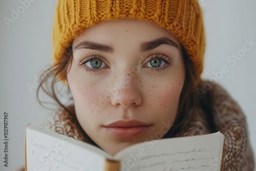 Woman with creative journal, white background, artistic notes