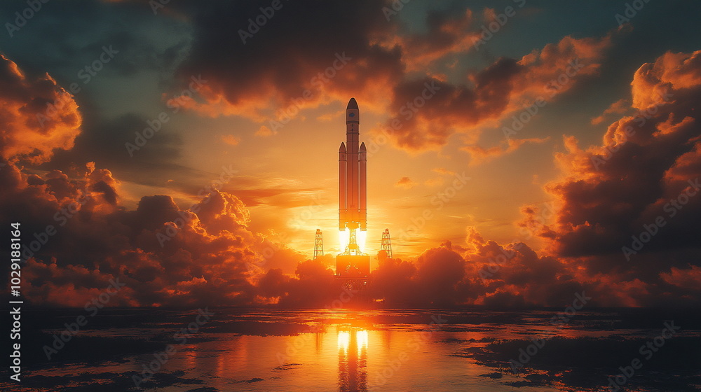 Dawn of Space Exploration with a Rocket in the Golden Sky Dawn of Space Exploration with a Rocket in the Golden Sky