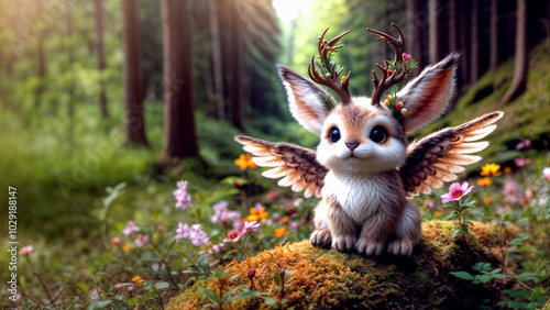 Mythical wolpertinger: cute, fluffy, baby rabbit-like creature with antlers and wings in forest. Fantasy, German folklore, whimsical wildlife in magical nature woodland scene, fairy tale composite.
