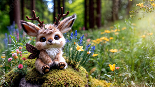 Mythical wolpertinger: cute, fluffy, rabbit-like magical creature with antlers and wings in forest. Fantasy, German folklore, whimsical wildlife in magical nature woodland scene, fairy tale composite.
