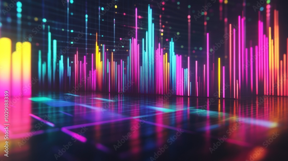 Abstract Neon Light Columns with Reflective Surface Abstract Neon Light Columns with Reflective Surface