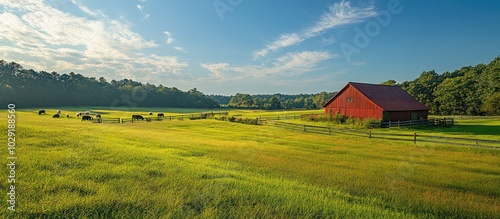 A red barn stands in a grassy field with cows grazing in the distance under a blue sky with white clouds.