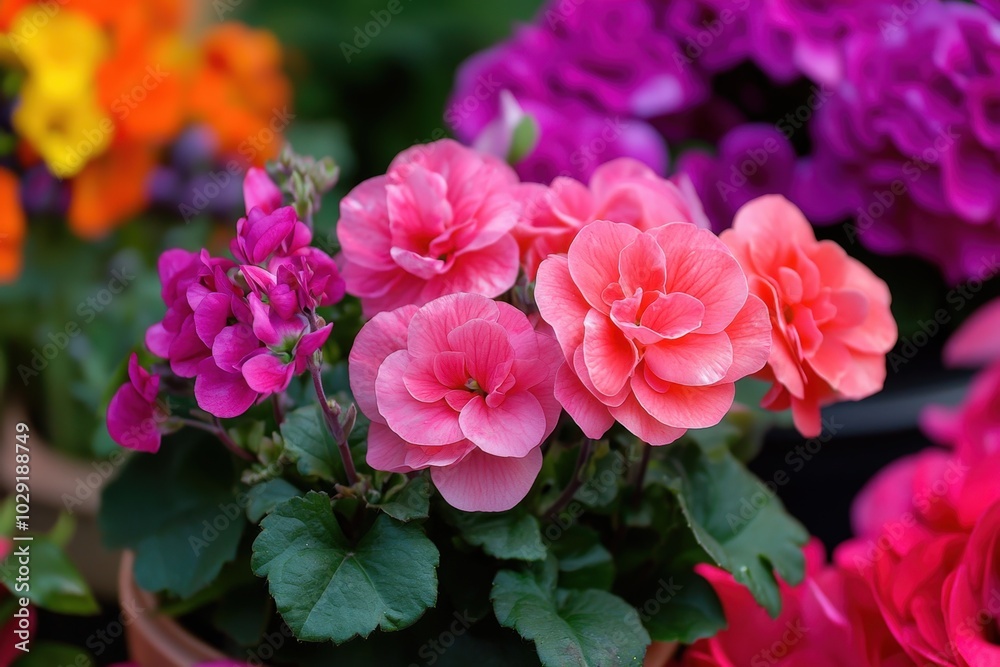 Vibrant garden blossoms in full bloom showcasing pink and purple flowers on a sunny day Vibrant garden blossoms in full bloom showcasing pink and purple flowers on a sunny day