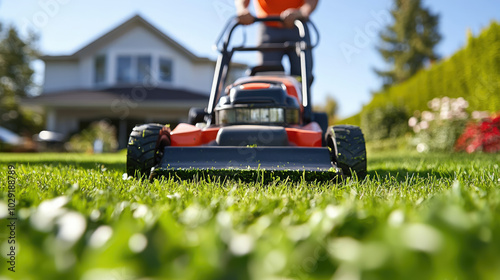 Wallpaper Mural close up photo of red lawn mower on green lawn in front of house, garden, grass cutting device, technology, equipment, backyard, gardening, summer Torontodigital.ca