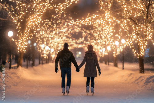 Couple holding hands while ice skating under twinkling Christmas lights in a snow-covered park. photo