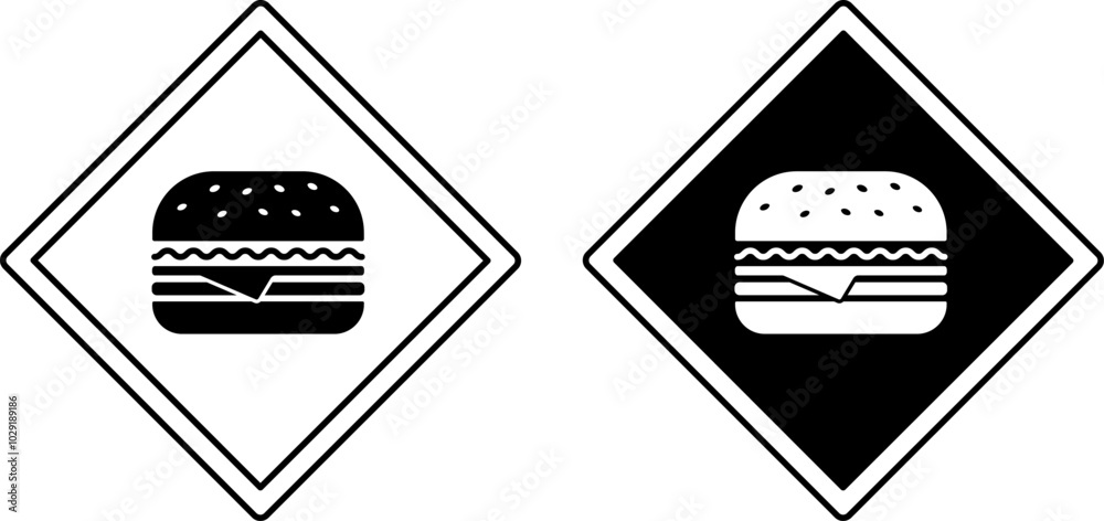 Burger Zone Signs. Black and White Vector Icons. Humorous Road Sign. Junk Food Warning, Overeating Danger Burger Zone Signs. Black and White Vector Icons. Humorous Road Sign. Junk Food Warning, Overeating Danger