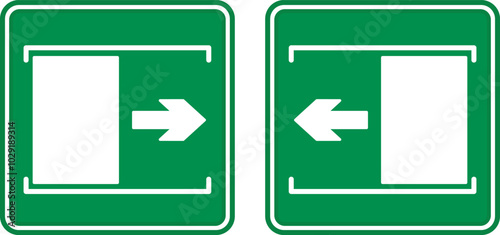 Green Sign Door Sliding Right and Left. Vector Icons. Warning Sign. The Door Slides Right To Open. Door Slides Left To Open