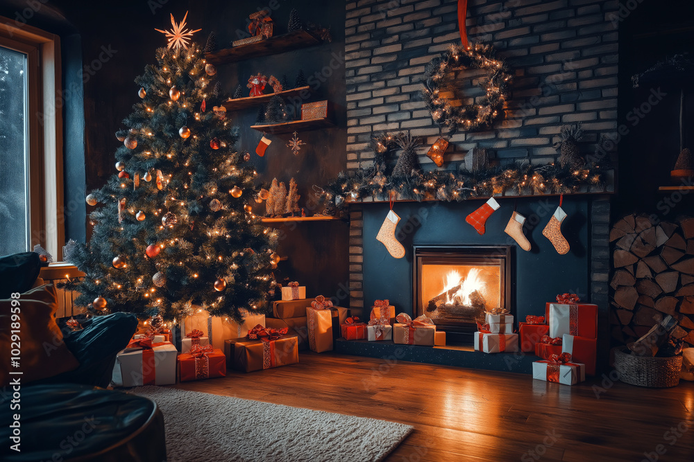 Cozy Christmas living room with a beautifully decorated Christmas tree, glowing fireplace, and presents underneath. Cozy Christmas living room with a beautifully decorated Christmas tree, glowing fireplace, and presents underneath.