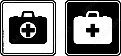 Signs First Aid Kit. Black and White Vector Icons. Emergency Medicine Sign. Doctor's Bag, Treating Sick Person