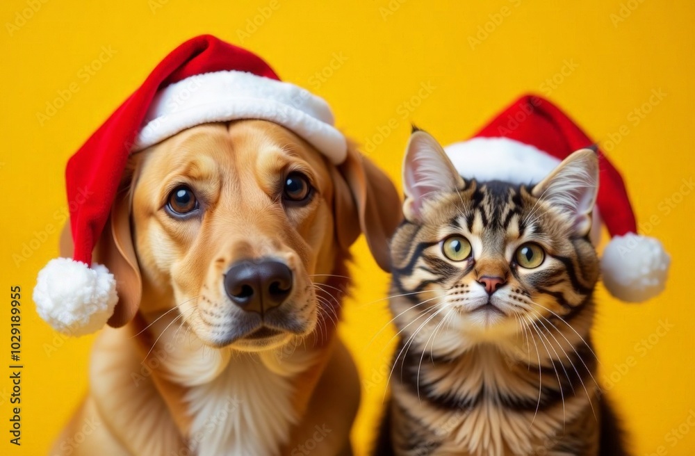 Cat and dog in Santa Claus hats on a yellow background, New Year, 2025, 2026, Christmas Cat and dog in Santa Claus hats on a yellow background, New Year, 2025, 2026, Christmas