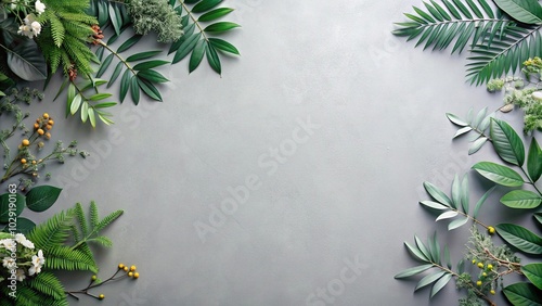 Floral border with leaves and foliage on grey background