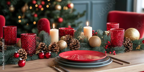 Festive table setting with red and gold decorations, candles, and a garland of pine cones.