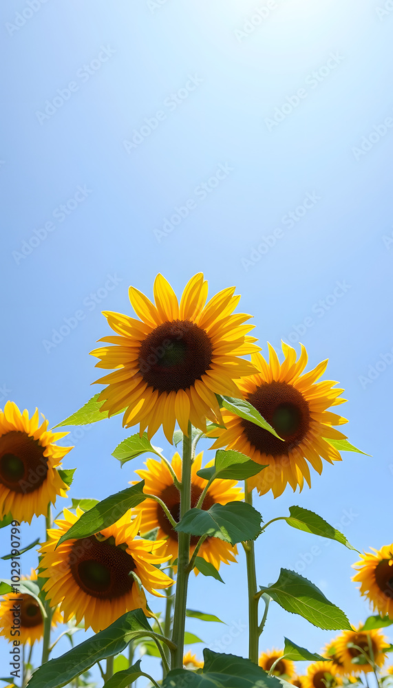 Obraz premium Full view of sunflowers under a clear blue sky isolated with white highlights, png