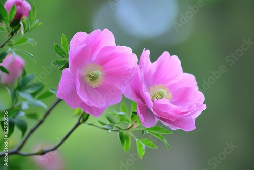 Delicate pink flowers blooming gracefully under soft sunlight in a tranquil garden setting