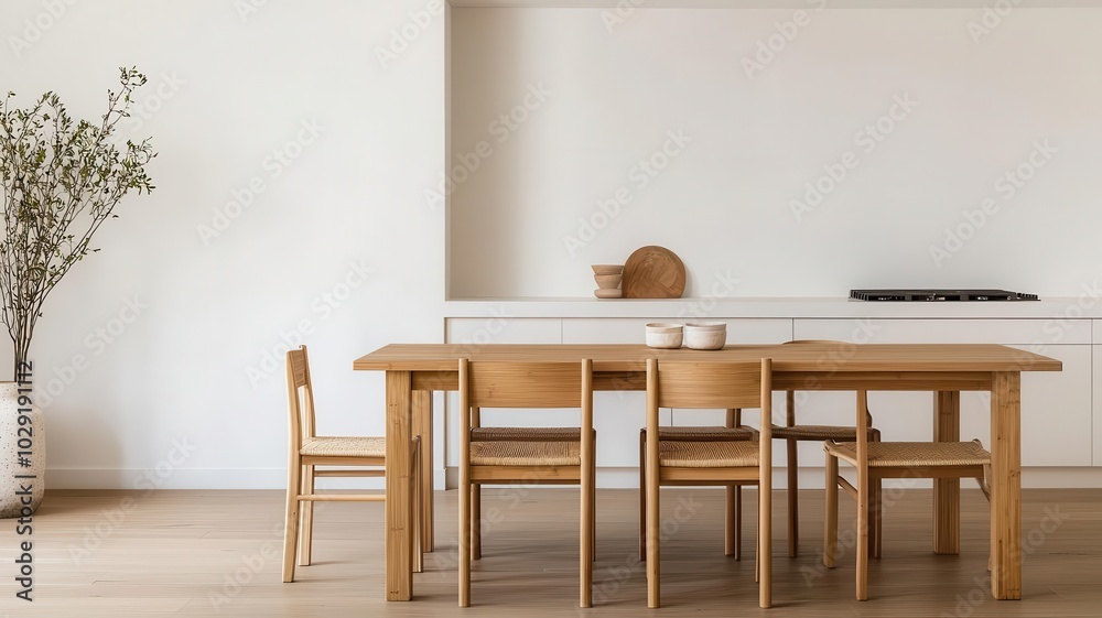 A minimalist dining area featuring a wooden table, chairs, and neutral walls, complemented by a plant for a fresh touch. A minimalist dining area featuring a wooden table, chairs, and neutral walls, complemented by a plant for a fresh touch.