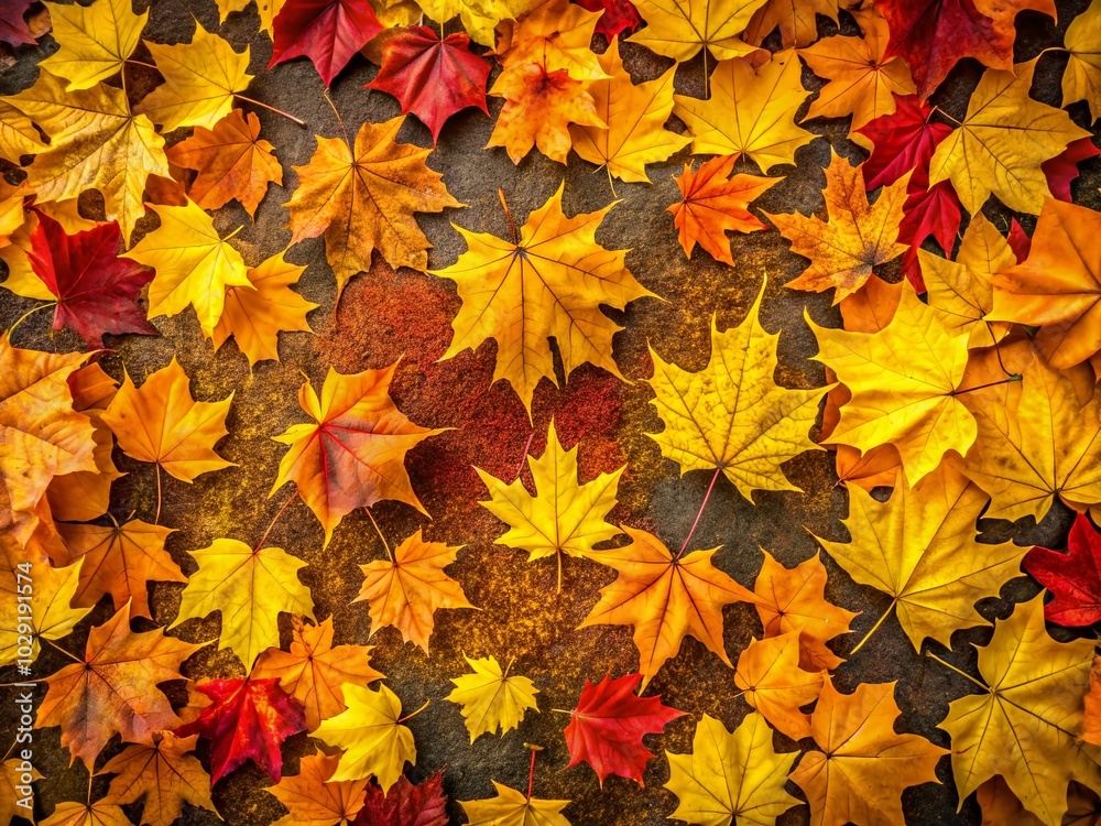 Aerial View of Orange Fallen Maple Leaves on Bright Yellow Background for Autumn Aesthetics Aerial View of Orange Fallen Maple Leaves on Bright Yellow Background for Autumn Aesthetics