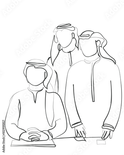 Hand drawn line art vector of an Arab man sitting in his office. Middle eastern ceo concept. Emirati businesspeople.