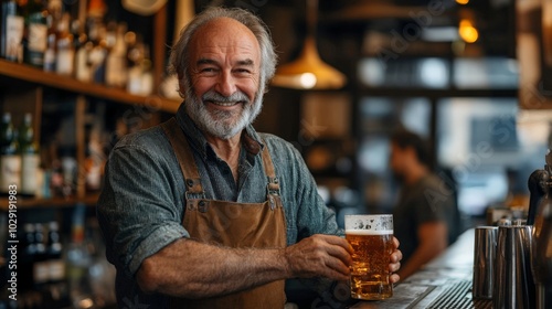 a 73 years old man holding a glass of beer, standing in a counter of a bar