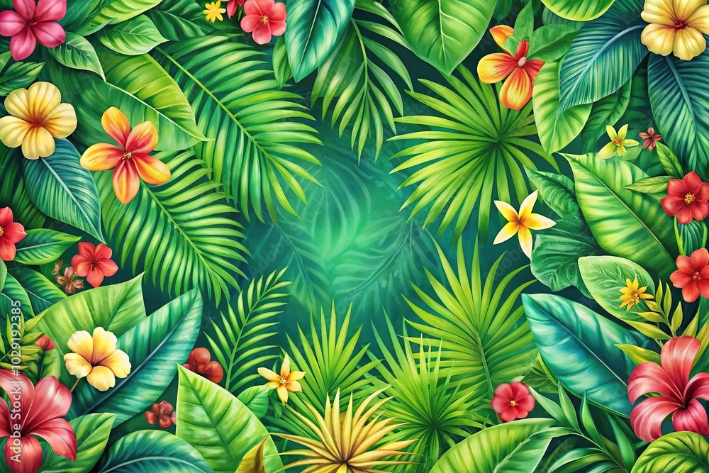 Floral wallpaper with tropical plants and bright green flowers in a fisheye pattern Floral wallpaper with tropical plants and bright green flowers in a fisheye pattern