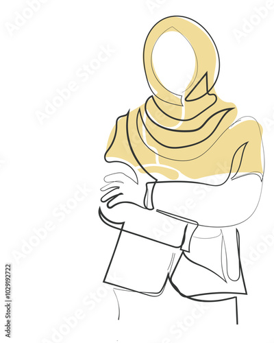 Hand drawn line art vector of arab woman presentation in corporate settings. Muslim world and growth mindset. Saudi women and men in entrepreneurship. Competent and young gulf businesspeople.