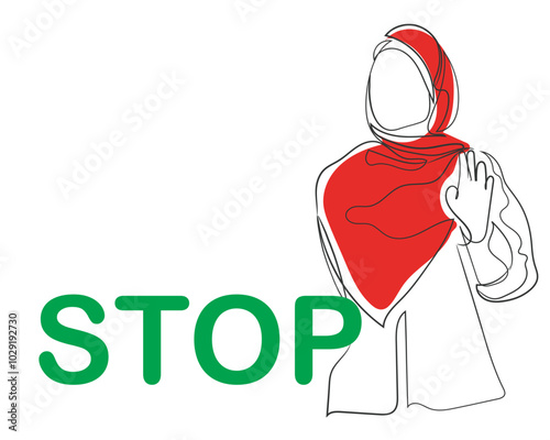Hand drawn line art vector of a middle eastern woman in red hijab with a sign saying stop. stop war in middle east. enough of cruelty concept art.