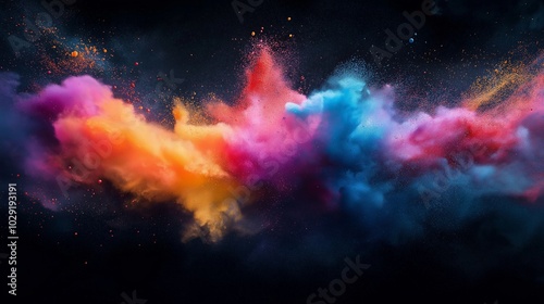 Abstract colorful powder explosion on black background for creative digital and artistic projects