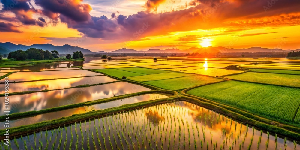 Aerial View of Spring Paddy Fields Reflecting Sunset - Ideal for Text Overlay and Design Aerial View of Spring Paddy Fields Reflecting Sunset - Ideal for Text Overlay and Design