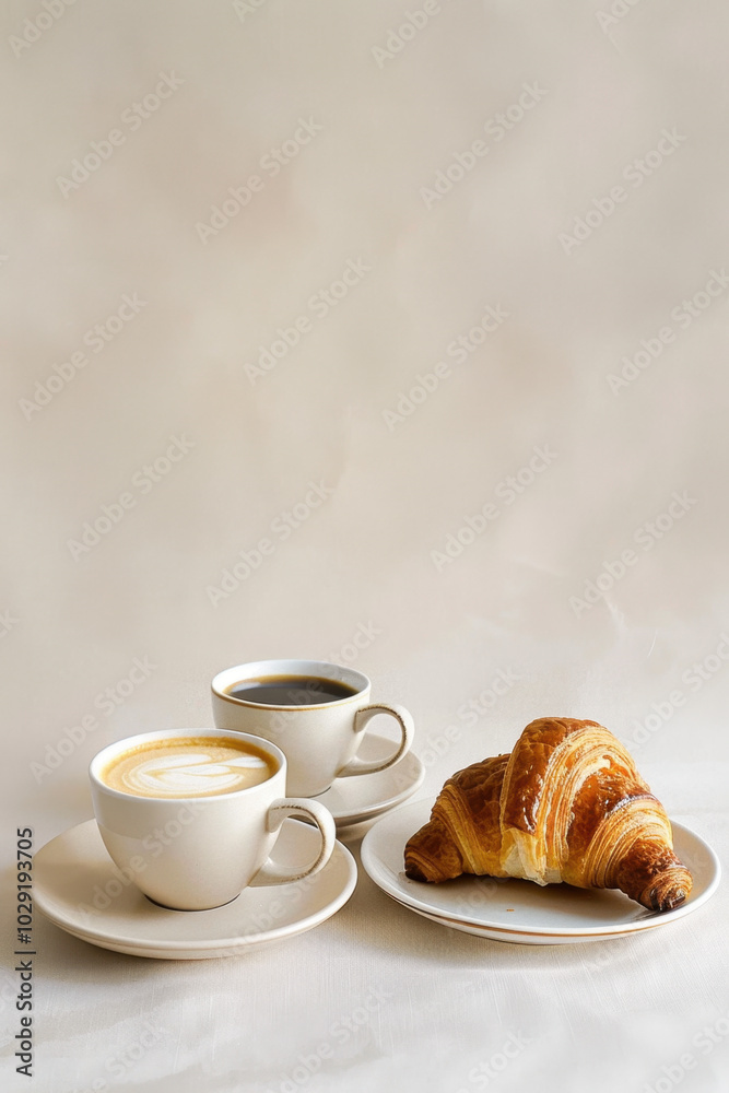 Two cups of coffee and a croissant on a plate. Generative AI tools Two cups of coffee and a croissant on a plate. Generative AI tools