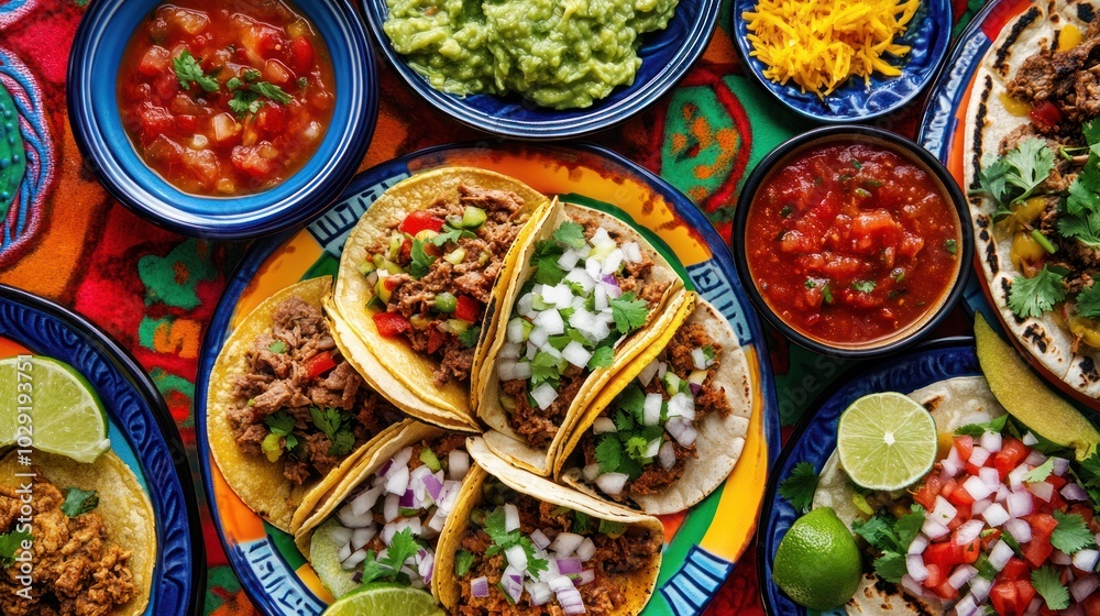 Close-up of Tacos with Various Toppings and Sides Close-up of Tacos with Various Toppings and Sides