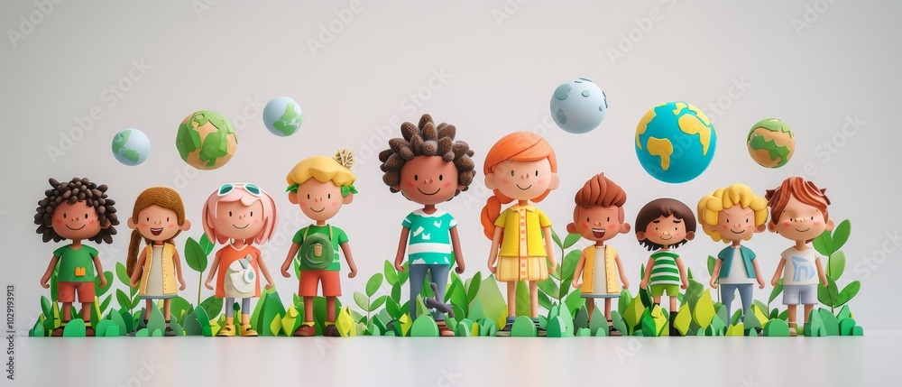Fototapeta premium Diverse Children and Planetary Elements in Playful Scene
