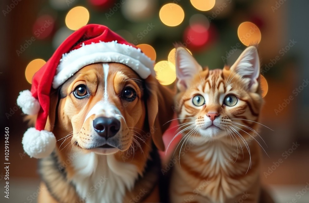 cat and dog in Santa Claus hats sitting on a background of a Christmas tree cat and dog in Santa Claus hats sitting on a background of a Christmas tree