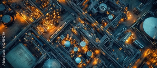 Aerial view of a large industrial complex at night, with illuminated pipes and machinery.